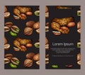 Vertical double sided banners with colored cartoon nuts on dark background and place for the text.